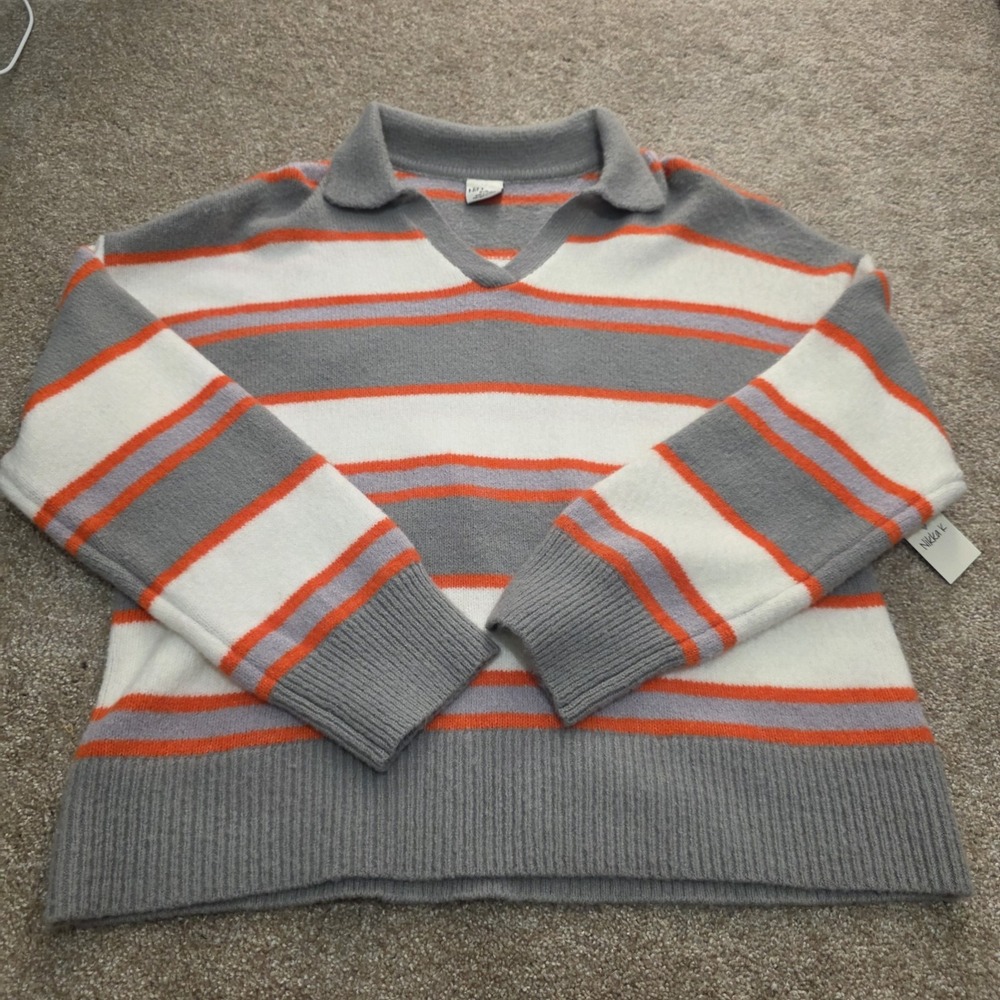 Women Striped Knit Preppy Retro Grandpacore V-Neck Collared Pullover Sweater Med